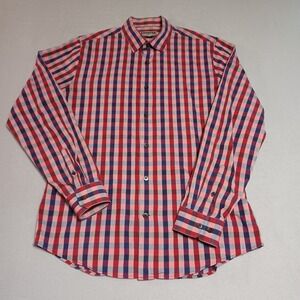 Express Mens Fitted Gingham Button Down Shirt Red Navy Blue Plaid Medium 15-15.5
